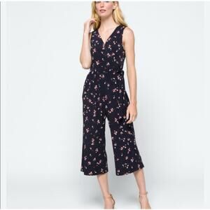 Kayleigh Delaney Knit Cropped Jumpsuit Women's Size XXL Navy Floral Faux Wrap